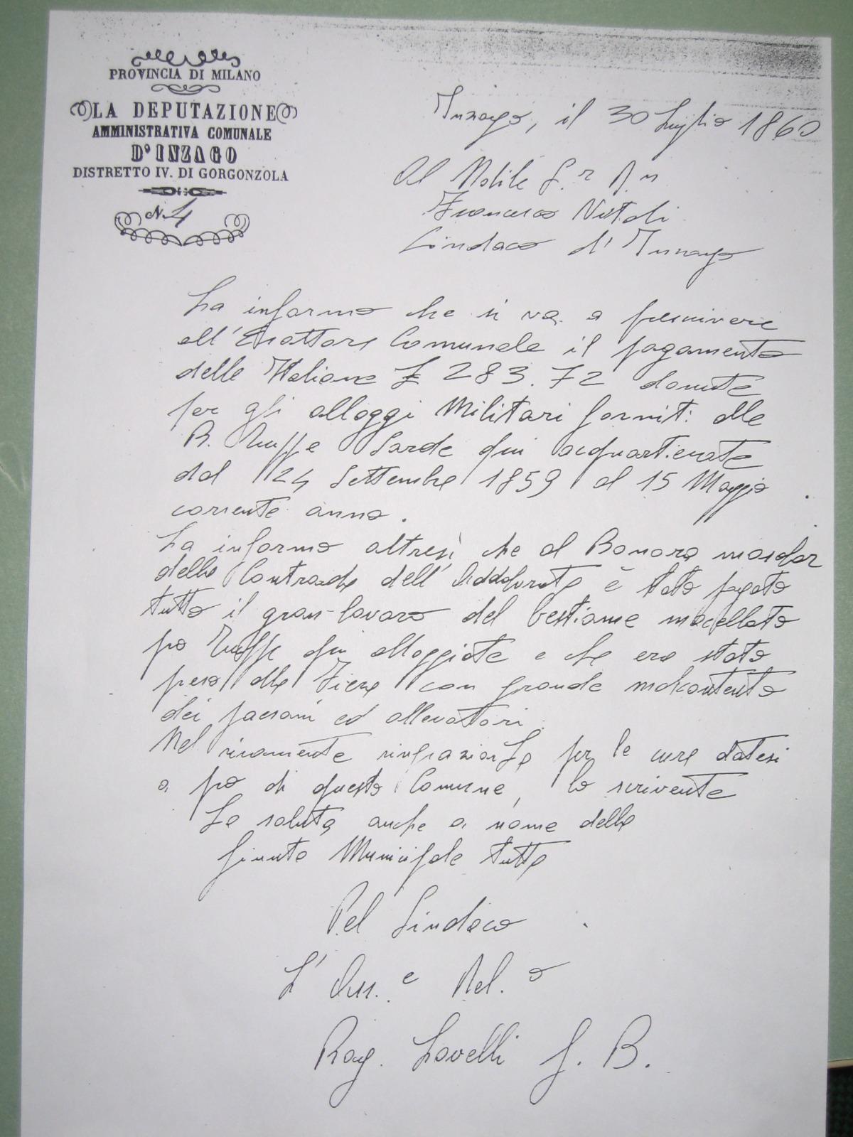 Lettera comunale del 30 luglio 1860